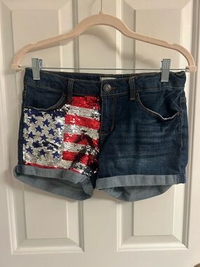 SO Dark Wash Denim Shorts with Red, White & Blue Sequin Flag Panel